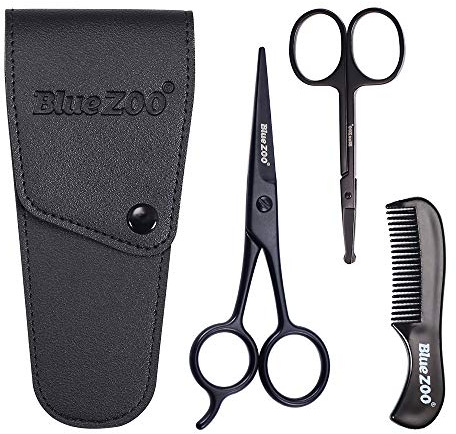 BlueZOO Beard Mustache Scissors and Comb Kit with PU Storage Bag, Rounded Safety Nose Hair Scissor for Men and Women Care Grooming, Ear Trimming Tool, Shears for Personal Grooming, Cutting & Styling