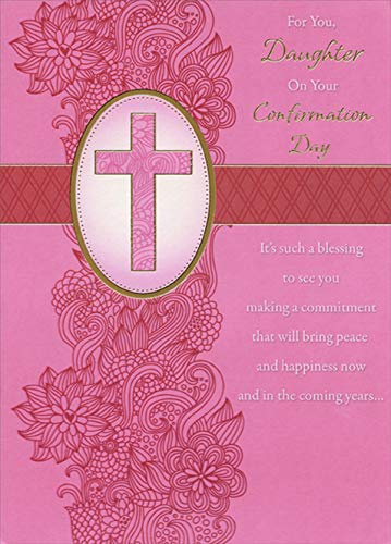 Designer Greetings Pink Column of Flowers on Pink Cross Confirmation Card for Daughter