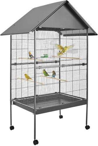 tectake® Pajarera con Ruedas Bloqueables y Bandeja Extraíble, Jaula Pajaros para Loro, Canario, Ninfas y Periquitos, Incluye Comedero, Bebedero y Rejilla Inferior Segura - 85 x 60 x 168 cm