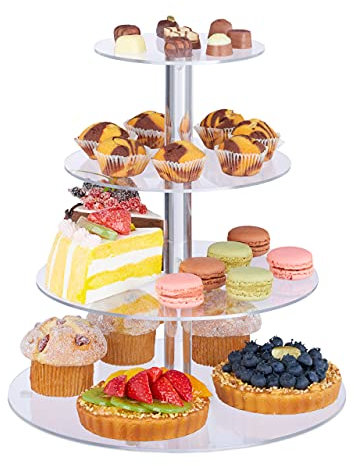 Relaxdays Soporte Tartas, 4 Pisos, Redondo, Platos Cupcakes, Bandejas Galletas, Muffins, Quesos, Acrílico, Transparente, 30,5 x 30cm