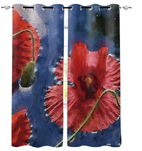 schlaufenschal 2er Set Ölgemälde mit rotem Mohn 166x75cm (HxB) Verdunklungsvorhänge Thermo Vorhang Blickdicht für Schlafzimmer & Wohnzimmer, 2er Set