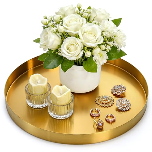 Jucoan 30 CM Round Gold Serving Tray, Modern Brass Decorative Dresser Tray for Jewelry, Perfume, Makeup, Stainless Steel Storage Organizer for Bathroom, Kitchen