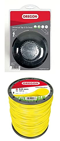Oregon Pro Tap and Go Universal-Trimmerkopf + Gelber Mähfaden 3 mm x 169 m, Fadenkopf mit Bump Feed, passend für die meisten Rasentrimmer mit geradem Schaft über 25 cc