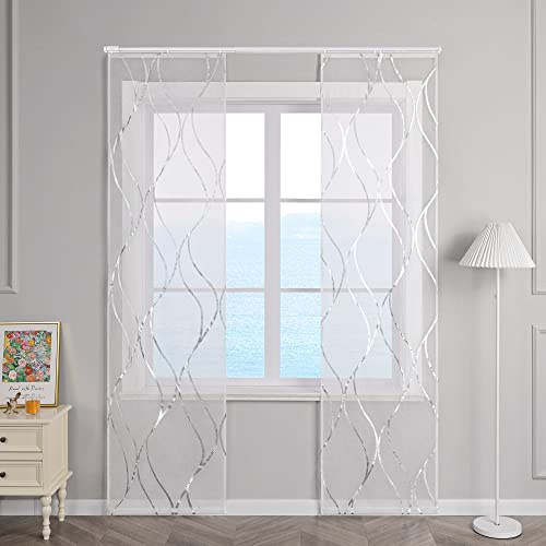 ESLIR Schiebegardinen Set 2er Flächenvorhänge Voile Gardinen mit Klettband Schiebevorhang Transparent Wohnzimmer Modern mit Wellen Muster Silber #1 BxH 57x225cm 2 Stück