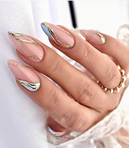 Sethexy Kurz Mandel Nägel zum Aufkleben Gold Streifen Folie Glitzer Press on Nails Rosa Fake Nails 24Stück Acryl Kunstnägel für Frauen und Mädchen