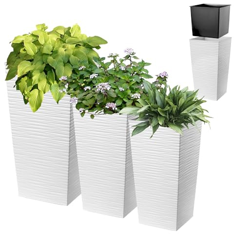 KADAX Maceteros Altos para Plantas de Interior y Exterior, Macetas de Plástico, Jardineras Altas (Texturizado, Blanco, 57.5 cm, 68 cm y 75.5 cm)