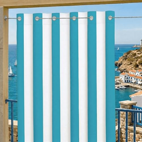 Byour3 – wasserdichte Outdoor Vorhäng Wetterfest mit Metallringen Anti-Schimmel Verdunkelungs Seitenvorhänge Markise für Balkon Pavillon Terrasse Sonnenschutz (Streifen Türkis, B. 155 x 272 L)
