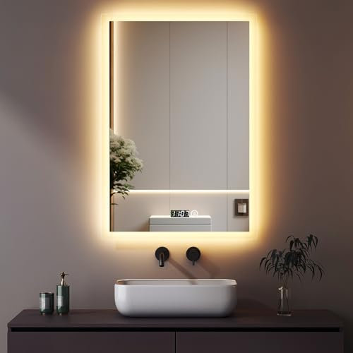 Boromal Badspiegel Dimmbar 50x70cm LED Badspiegel mit Beleuchtung und Uhr 3 Lichtfarbe 3000-6500K 2470LM Kaltweiß Neutral Warmweiß Badezimmerspiegel LED Spiegel mit Uhr, Touch Schalter