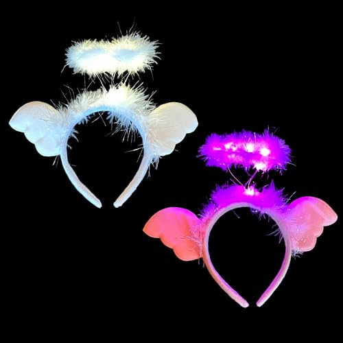 BF Souvenirs LED Plüsch Haarreif ENGEL blinkend Leuchtend in 2 Varianten Heiligenschein Party Angel Junggesellinnen Abschied Hochzeit Karneval Fasching (2er-Set BUNT)