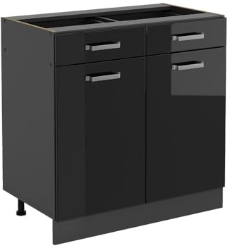 Vicco Küchenunterschrank R-Line, Schwarz Hochglanz, 80 cm | 2 Schubladen · Ohne Arbeitsplatte · Höhenverstellbare Füße · 2 Türen · ✓ Leichter Zugriff