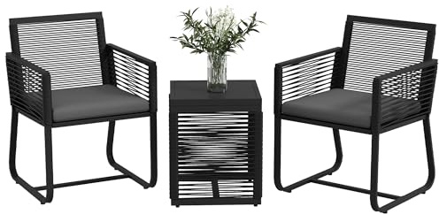 Outsunny 3-teiliges Rattan Gartenmöbel-Set, Sitzgruppe, Gartengarnitur mit 2 Gartenstühle, Beistelltisch mit Tischplatte aus Hartglas, Kissen, für Balkon, Schwarz