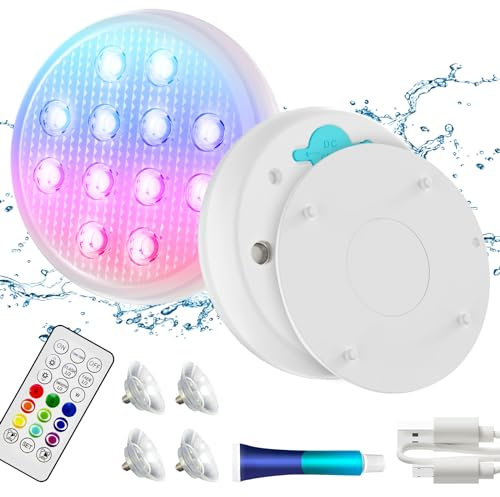 BOXPSII Pool-Lichter, wiederaufladbar, tauchfähige LED-Lichter, IP68 wasserdichte Unterwasser-Lichter, 16 Farbwechsel, schwimmende Lichter mit Fernbedienung, Magnet, Saugnäpfe für Badewannen, Pools (2