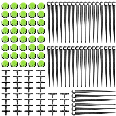 VooGenzek 120 Stücke 4/7mm Automatische Tropf Bewässerung Set, 40 Einstellbare Micro Drip Tropfer + 40 T-Steckverbinder + 40 Micro Drip Rohrhalter für Schlauch 4/7mm, für Garten, Rasen, Grün