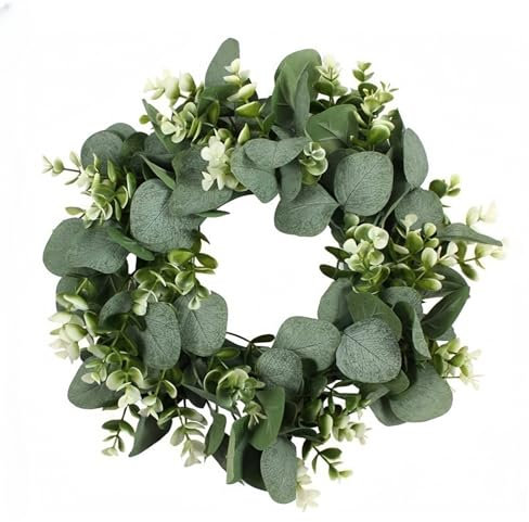 Artificial Eucalyptus Wreath, 13.7 inch Front Door Green Wreath with White Berries Green Leaf Hanging for Wedding Party Garden Door Window Wall Fireplace Decoration