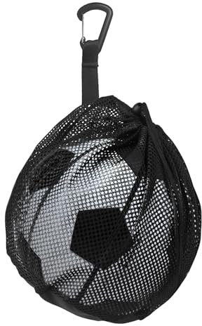 Single Ball Bag With Clip & Zipper Pocket - 10x12 Inch Mesh Drawstring Sport Equipment Storage Net Sling Backpack for Basketball, Volleyball, Football, Soccer, Rugby Coaches - Black