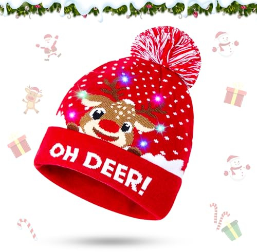 Weihnachtsmützen, LED-Weihnachtsmütze, Weihnachtsmütze Kinder, Leuchtend Weihnachtsmützen, Weihnachtsmüt Einheitsgröße für Erwachsene und Kinder, Mütze Strickmütze Geschenke für Weihnachts(Elch)