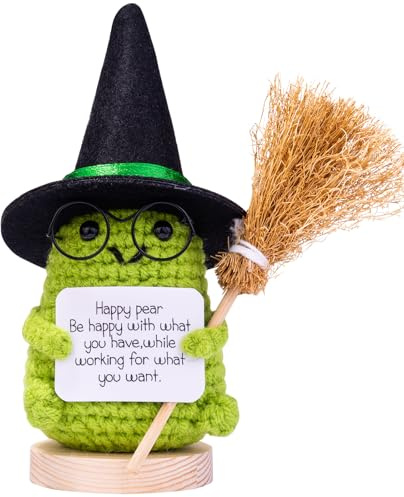 Mwmoeen Halloween Positive Potato, Pocket Hug Positive Potato Gifts, Creative Knitting Wool Doll with Witch Hat, Broom and Positive Card, Farewell Gift for Colleagues (H23)