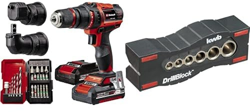 Einhell Taladro con batería TE-CD 18/45 3X-Li+22 Power X-Change (18V, 45Nm, pieza angular y excéntrica, set de puntas de 22 piezas, 2 baterías de 2,0Ah, cargador) + Guia de perforacion