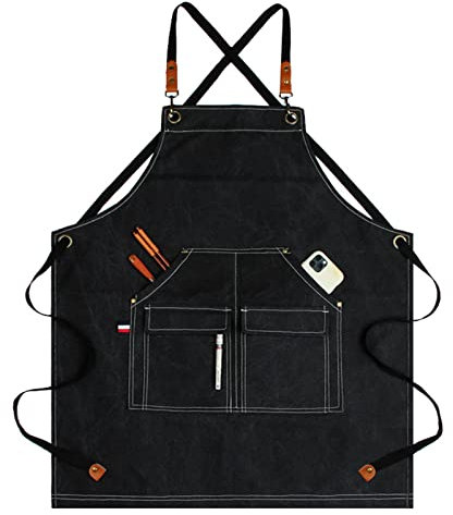 Schürze, Schürzen for Männer, Arbeitsschürze, Segeltuchschürze, Werkstatt-Werkzeugschürze mit verstellbaren Trägern for Friseur, Küche, Gärtner, Café(Black)