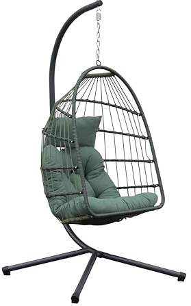 Brigros - Sedia A Dondolo Sospesa Da Esterno Modello Rawak Con Supporto A Terra In Acciaio, Poltrona Sospesa Da Giardino Pieghevole Con Corda E Cuscino Impermeabile (Verde)