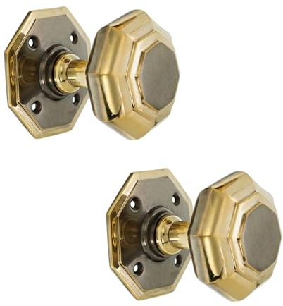 Infinity Decor Traditional Octagonal Mortice Door Knobs Set Aged Brass Finish Pull Handles 70mm - Victorian Knob Pair Ideal for Internal and External Use