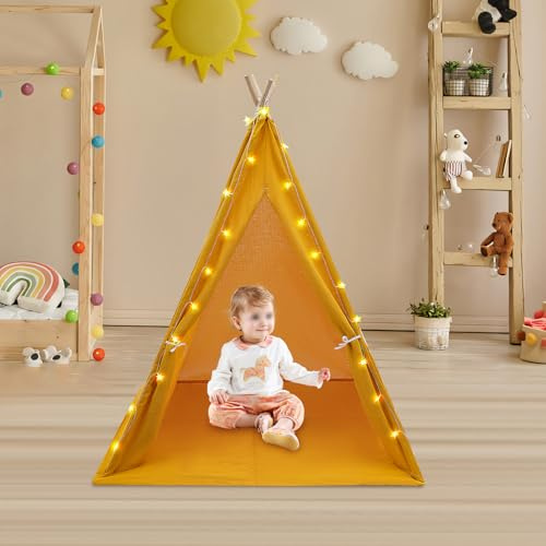 BAOCHADA 2 IN 1 Kinderzelt,Kinder Spielhaus Indoor mit Matte & Lichterkette, Kinder Bettzelt，Zelt Kinderzimmer für Drinnen， für Mädchen Jungen Spielzelt 120×120×140cm (Gelb)