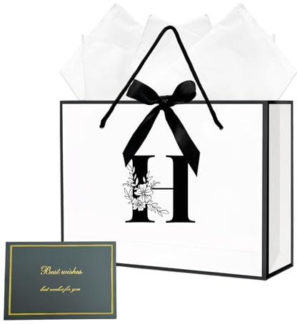 Initialen Geschenktüten, Personalisiert geburtstag Geschenktasche mit Seidenpapier und Grußkarten, Geschenktüten mit Schleife für Geburtstag Hochzeit Party Feier, 28x10x20 cm (Weiß, H)