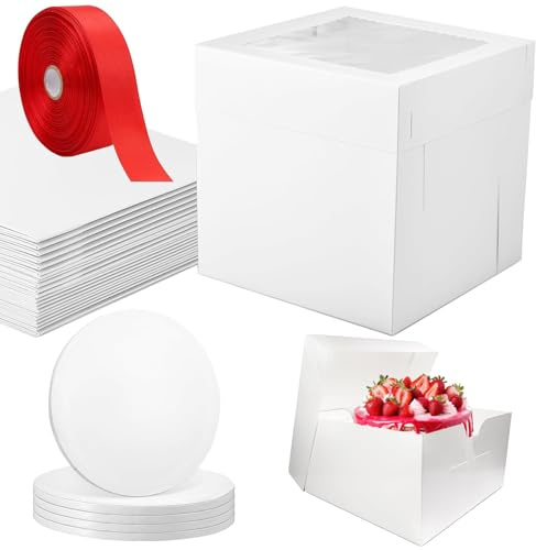 5 Pack Cake Boxes 10 inch with White Cake Boards and Red Ribbon, Paper Bakery Boxes 10x10x10 inches Cake Box with Window Pastry Boxes for Cakes, Pastries, Cookies, Strawberries, Donuts, Pies