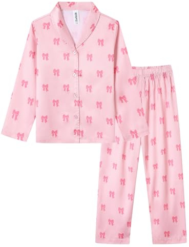 Ewbob Pijama para Niñas,Traje de Pijama de Manga Larga de Seda de 2 Piezas,Ropa De Dormir con Dibujos Animados-C16-001-Pink-7-8años