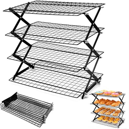 YTACREA Rejilla de Enfriamiento Plegable de 4 Niveles, Rejilla Enfriar Reposteria para Bizcochos Resposteria Pizzas Galletas Pan, Bandeja con Rejillas, 3 Niveles de Ajuste de Altura, 43 x 24,5cm,Negro