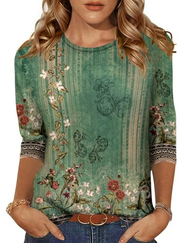 Zeagoo Camiseta de Mujer con Cuello Redondo y Manga 3/4 Blusa de Verano Top Casual Elegante Trabajo Verde L