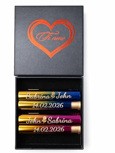 Personalisierte Feuerzeuge 2er Set mit Gravur - Partner Geschenk zum Valentinstag, Jahrestag oder Hochzeitstag - Namen & Datum Gravur - Inkl. Ti Amo Geschenkbox, Geschenk für Paar