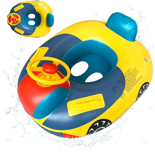 Children's Inflatable Pool Float, Swimming Float Pool Seat Boat, Car Baby Floatie, Safe Seat Swim Ring with Steering Wheel, for Girls Boys 1-5 Years