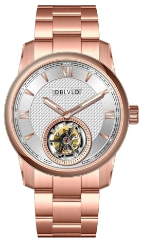 OBLVLO Lyxig roséguld Tourbillon herrklocka mode automatiska klockor äkta läder vattentät klocka för herrar JM-TB, JM-TB-PWPS, Mode