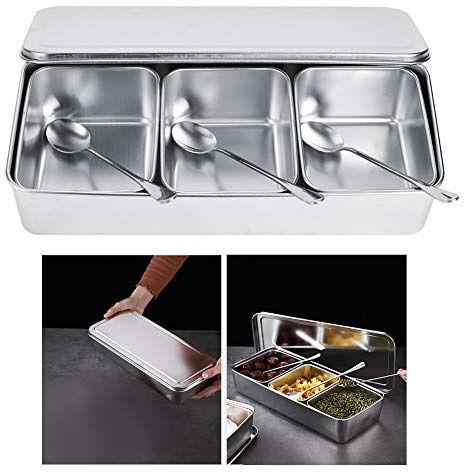 Wakects Metal Seasoning Box, Stainless Steel Condiment Containers with 3 Grid and Spoons for Kitchen and Restaurant Storage