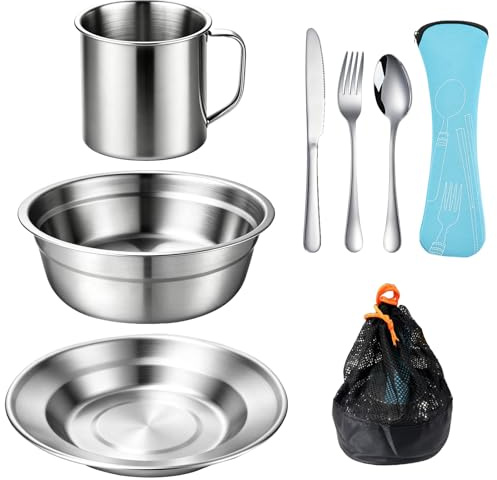 QUTHZZHY Campingbesteck Set 1 Person, Camping Geschirr Set Edelstahl | Geschirr Set mit Schalen Teller Tassen Gabeln Löffel und Messer, Picknick Outdoor Besteck für Camping, Rucksack, Wandern