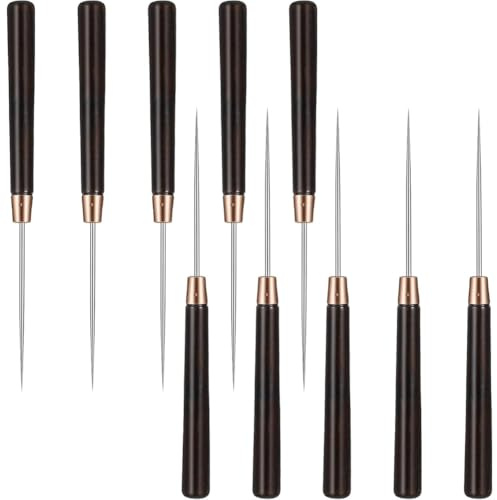 Ounfhtrttk 10 Pcs Scratch Awl Tool Set, Sewing Awl with Wooden Handle, Tool for Leather Awls Punch, Paper Piercing, and Crafting
