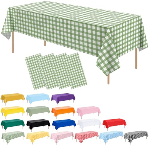 4 Pack Sage Green Gingham Disposable Plastic Table Cloths, 137 x 274 cm PEVA Checkered Tablecloths for Rectangle Tables, Waterproof Wipe Clean Party Table Covers for Picnic BBQ Birthday