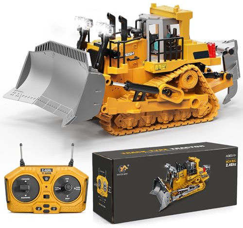 YESHIN Bulldozer radiocontrolado 1:20 de metal 9 canales con control remoto 2,4 GHz, luz y sonido, vehículo con orugas mejorado, vehículo de construcción, juguete de regalo para niños a partir de 3