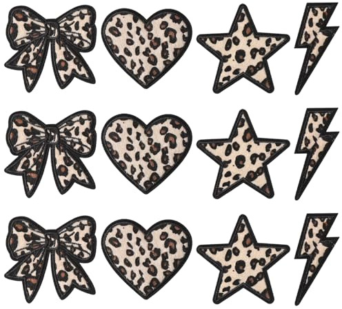 12 Pcs Leopard Iron on Patches Bow Heart Star Lightning Bolt Embroidered Patches Fashion Applique Patches Cute Sew On Patches Trucker Hat Patches for Clothes Jeans Jackets Backpacks