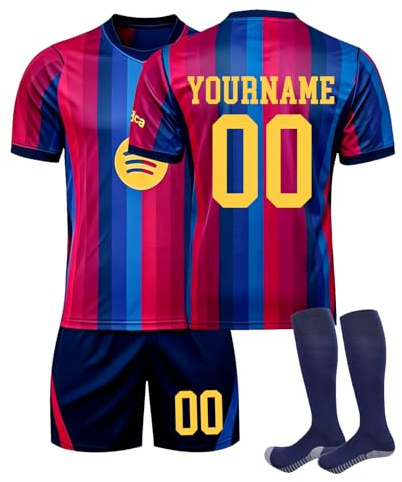 Camiseta Fútbol barcelona Personalizadas Nombre y Número para Hombres y Niño, equipación Fútbol Deportivo Entrenamiento Nombre y Número con Conjunto Top Pantalón Corto y Calcetines Regalo de Fútbol