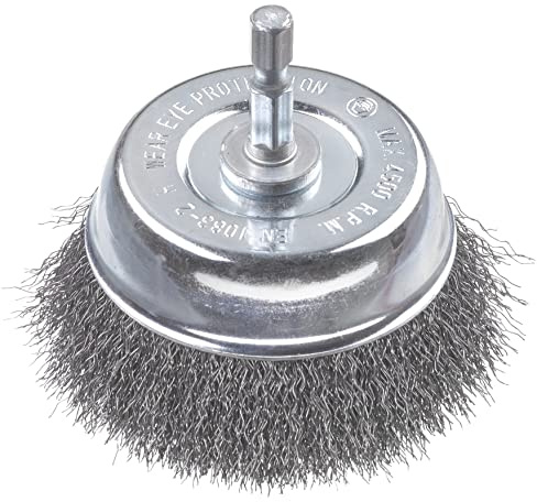 kwb Fine Crimped Cup Brush, Wavy, HSS Steel Wire, Ø 75 mm for Metal and Stone, Wire Brush for Drill Machine with E6.3 Hex Shank, for Rust Removal, Descaling, Roughening, and Cleaning, 1 Piece