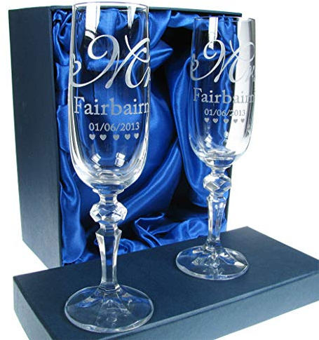 De Walden Lead-Free Crystal Engraved Wedding Champagne Flutes | Bride and Groom Gifts, Toasting Glasses for Newlyweds, Mr & Mrs, Mr & Mr, Mrs & Mrs, Personalised Prosecco Glasses