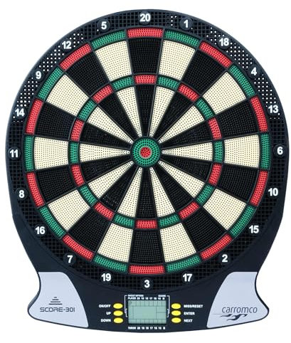 Carromco SCORE-301 elektronische Dartscheibe – 4-Loch Abstand, rot-grün-beige-schwarz, 26 Spiele & 523 Varianten inkl. Cricket, für 1-8 Spieler, batteriebetrieben, inkl. Pfeile