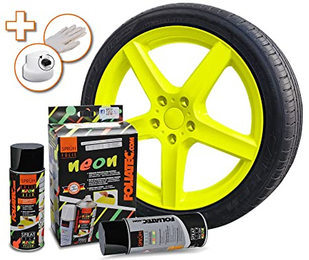 Foliatec Sprühfolie Auto Felgenfolie Sprüh Lack Spraydose Abziehbar, Gute Deckkraft, neon gelb, 1x 400ml Sprüh Folie & 1x 400ml Grundierung