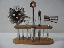 Foppapedretti:Set cocktail con base in legno e acciaio, utensili professionali in acciaio: misurino, molla per il ghiaccio, levacapsule e coltello.