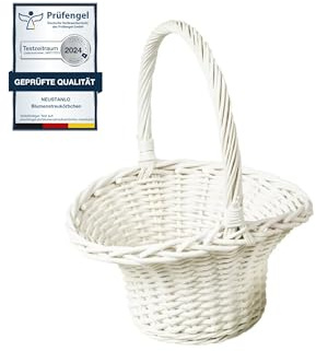 Neustanlo | Blumenstreukörbchen klein weiß lackiert | Höhe: ca. 11/24 cm | Größe: ca. 20 x 16 cm | Blumenkinderkorb Streukorb Streukörbchen Korb Weidenkorb geflochten