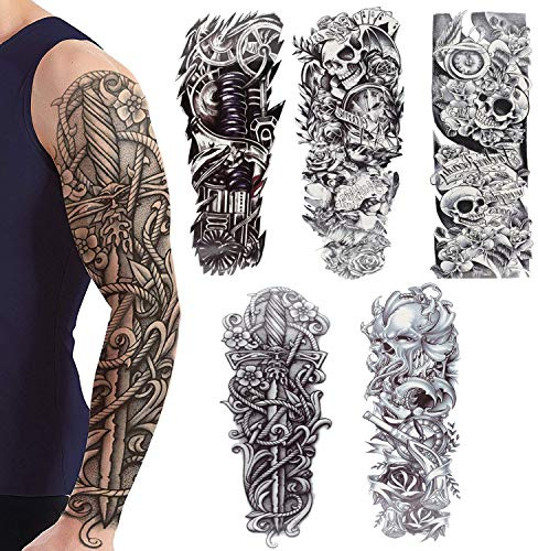 Full Arm temporäre Tattoos, Camelize Tattoo Körperkunst,extra temporär Tätowierung,Klebe Tattoo Sticker,Fake Arm Tattoos Aufkleber für männer Frauen (5 Blätter)