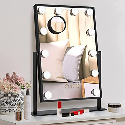 TUREWELL Hollywood Specchio per trucco con luci, grande specchio illuminato con 3 luci a colori e 12 lampadine a LED dimmerabili, schermo touch touch control e rotazione di 360 gradi (nero)
