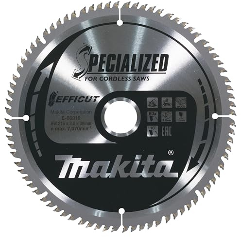 Makita E-08919 EFFICUT Kreissägeblatt Ø 216 x 2,0 x 30 mm, 80 Zähne, 10° Zahnwinkel, für saubere und schnelle Schitte in Holz, für Akku-Kapp- und Gehrungssägen